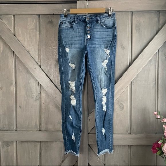 KANCAN - WOMEN'S HIGH RISE BUTTON‎ FLY DISTRESSED SUPER SKINNY JEANS size 7 - Picture 2 of 8
